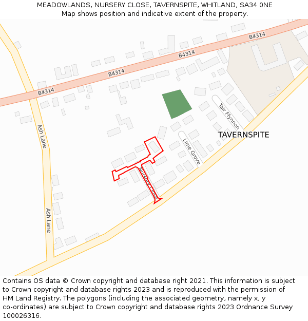 MEADOWLANDS, NURSERY CLOSE, TAVERNSPITE, WHITLAND, SA34 0NE: Location map and indicative extent of plot
