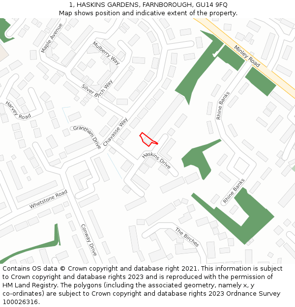 1, HASKINS GARDENS, FARNBOROUGH, GU14 9FQ: Location map and indicative extent of plot