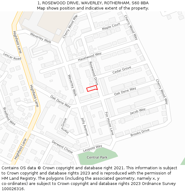 1, ROSEWOOD DRIVE, WAVERLEY, ROTHERHAM, S60 8BA: Location map and indicative extent of plot