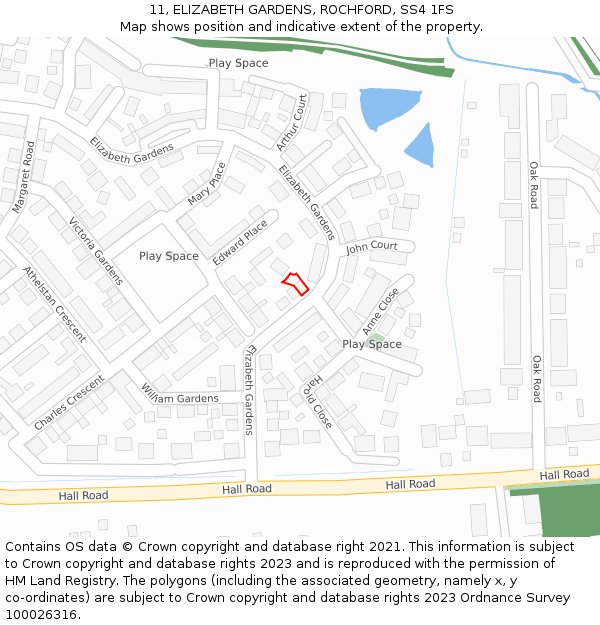 11, ELIZABETH GARDENS, ROCHFORD, SS4 1FS: Location map and indicative extent of plot
