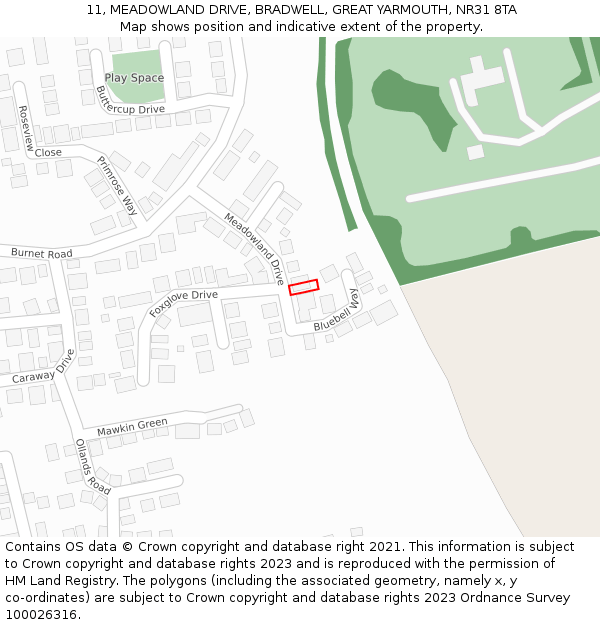 11, MEADOWLAND DRIVE, BRADWELL, GREAT YARMOUTH, NR31 8TA: Location map and indicative extent of plot