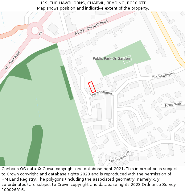 119, THE HAWTHORNS, CHARVIL, READING, RG10 9TT: Location map and indicative extent of plot
