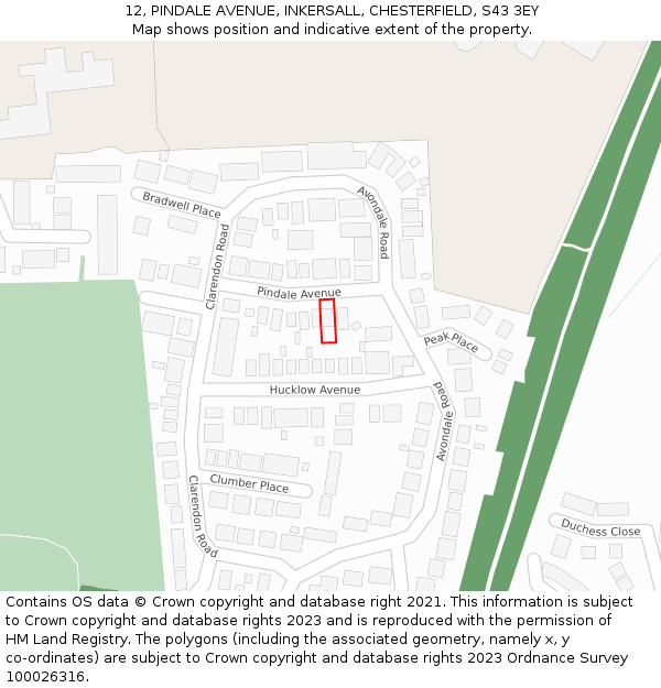 12, PINDALE AVENUE, INKERSALL, CHESTERFIELD, S43 3EY: Location map and indicative extent of plot