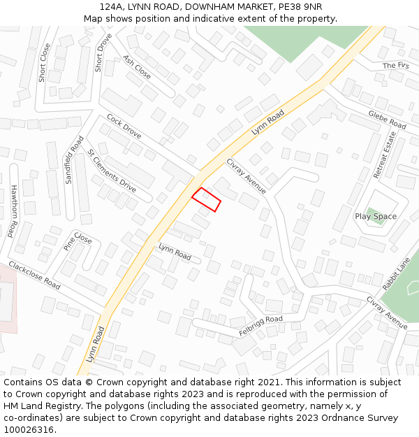 124A, LYNN ROAD, DOWNHAM MARKET, PE38 9NR: Location map and indicative extent of plot
