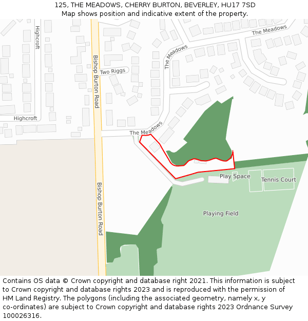125, THE MEADOWS, CHERRY BURTON, BEVERLEY, HU17 7SD: Location map and indicative extent of plot