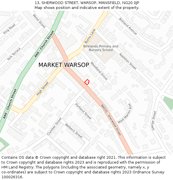 13, SHERWOOD STREET, WARSOP, MANSFIELD, NG20 0JP: Location map and indicative extent of plot
