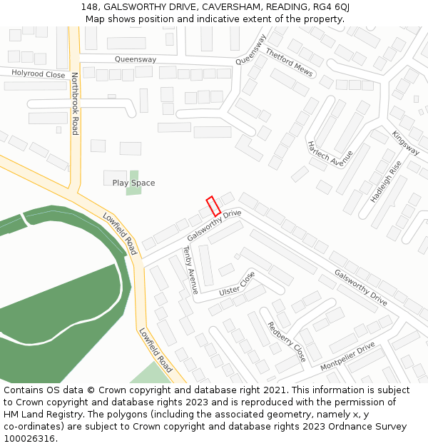 148, GALSWORTHY DRIVE, CAVERSHAM, READING, RG4 6QJ: Location map and indicative extent of plot