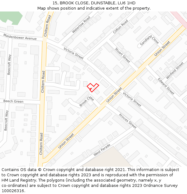 15, BROOK CLOSE, DUNSTABLE, LU6 1HD: Location map and indicative extent of plot