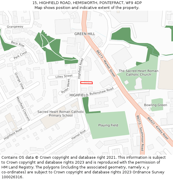 15, HIGHFIELD ROAD, HEMSWORTH, PONTEFRACT, WF9 4DP: Location map and indicative extent of plot