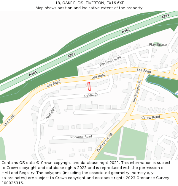 18, OAKFIELDS, TIVERTON, EX16 6XF: Location map and indicative extent of plot