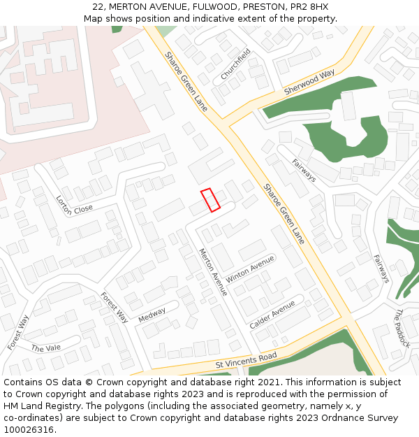 22, MERTON AVENUE, FULWOOD, PRESTON, PR2 8HX: Location map and indicative extent of plot