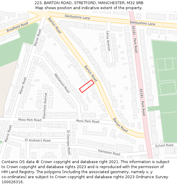 223, BARTON ROAD, STRETFORD, MANCHESTER, M32 9RB: Location map and indicative extent of plot