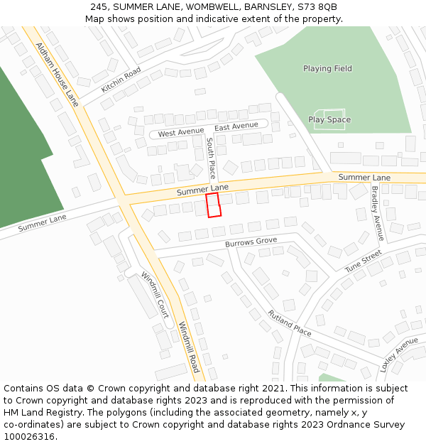 245, SUMMER LANE, WOMBWELL, BARNSLEY, S73 8QB: Location map and indicative extent of plot