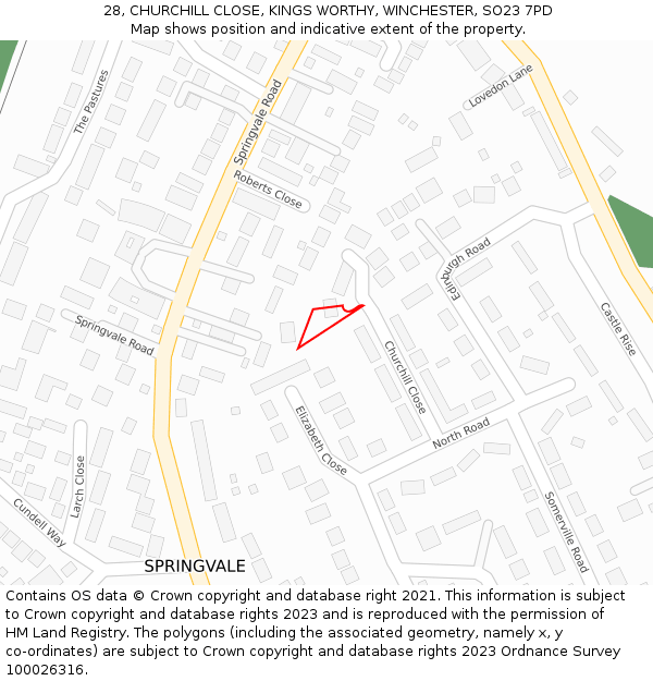 28, CHURCHILL CLOSE, KINGS WORTHY, WINCHESTER, SO23 7PD: Location map and indicative extent of plot