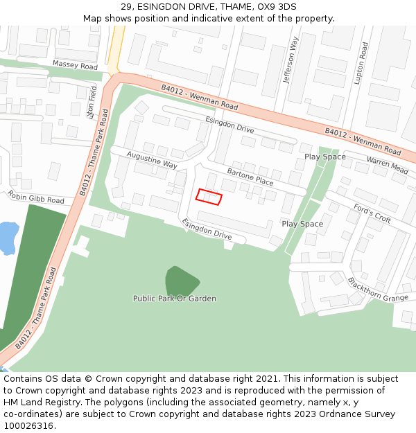 29, ESINGDON DRIVE, THAME, OX9 3DS: Location map and indicative extent of plot