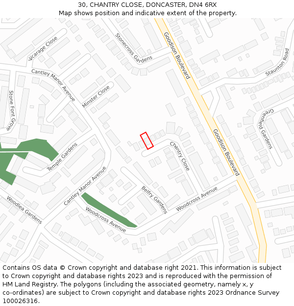 30, CHANTRY CLOSE, DONCASTER, DN4 6RX: Location map and indicative extent of plot