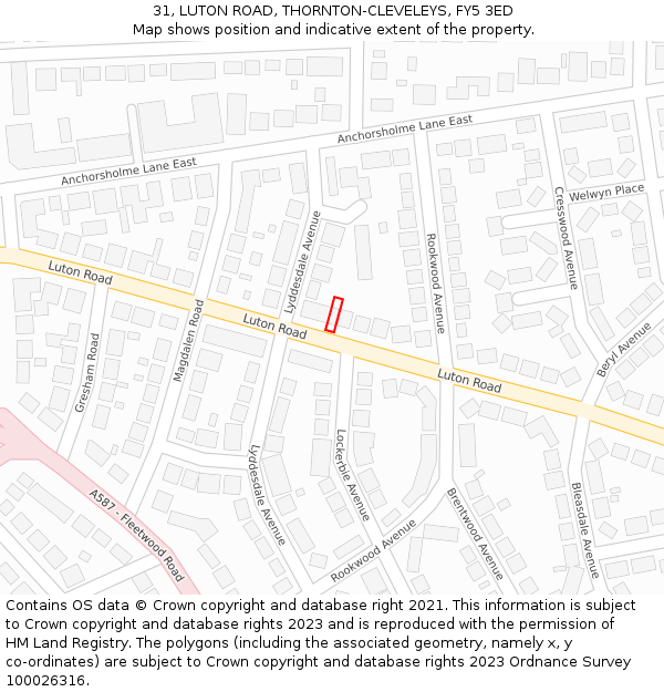 31, LUTON ROAD, THORNTON-CLEVELEYS, FY5 3ED: Location map and indicative extent of plot
