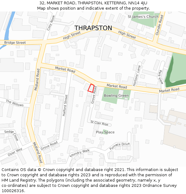 32, MARKET ROAD, THRAPSTON, KETTERING, NN14 4JU: Location map and indicative extent of plot
