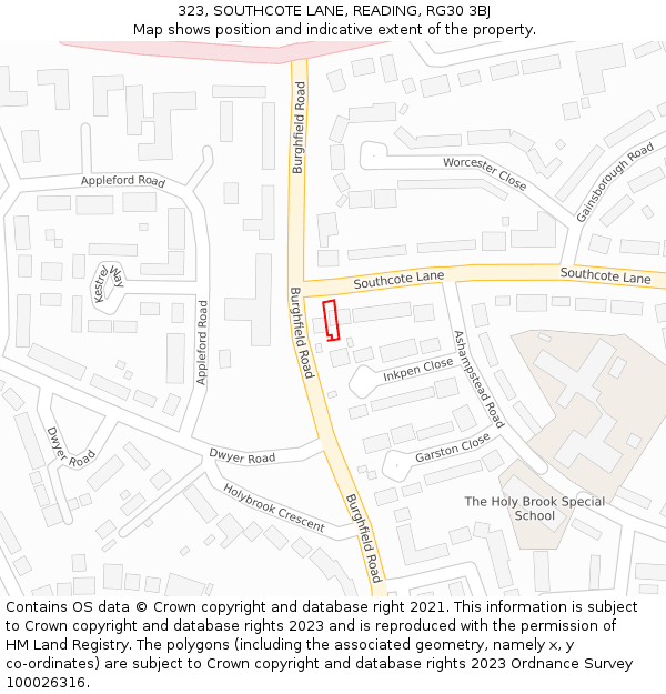 323, SOUTHCOTE LANE, READING, RG30 3BJ: Location map and indicative extent of plot