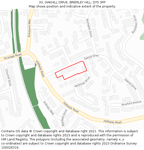 33, OAKHILL DRIVE, BRIERLEY HILL, DY5 3PP: Location map and indicative extent of plot