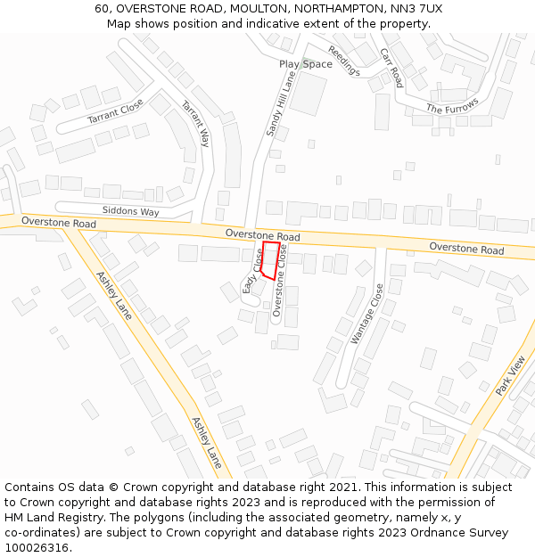 60, OVERSTONE ROAD, MOULTON, NORTHAMPTON, NN3 7UX: Location map and indicative extent of plot
