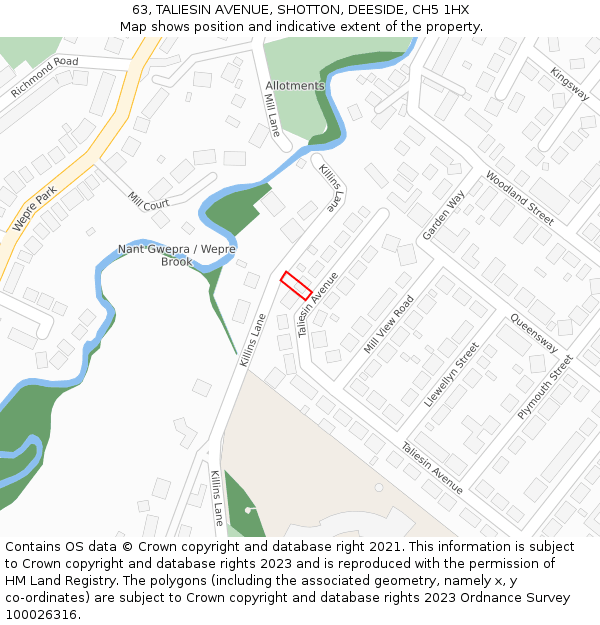 63, TALIESIN AVENUE, SHOTTON, DEESIDE, CH5 1HX: Location map and indicative extent of plot