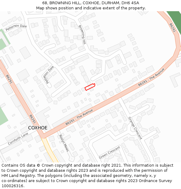 68, BROWNING HILL, COXHOE, DURHAM, DH6 4SA: Location map and indicative extent of plot