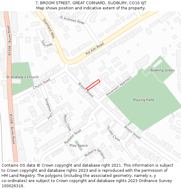 7, BROOM STREET, GREAT CORNARD, SUDBURY, CO10 0JT: Location map and indicative extent of plot