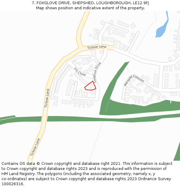 7, FOXGLOVE DRIVE, SHEPSHED, LOUGHBOROUGH, LE12 9FJ: Location map and indicative extent of plot