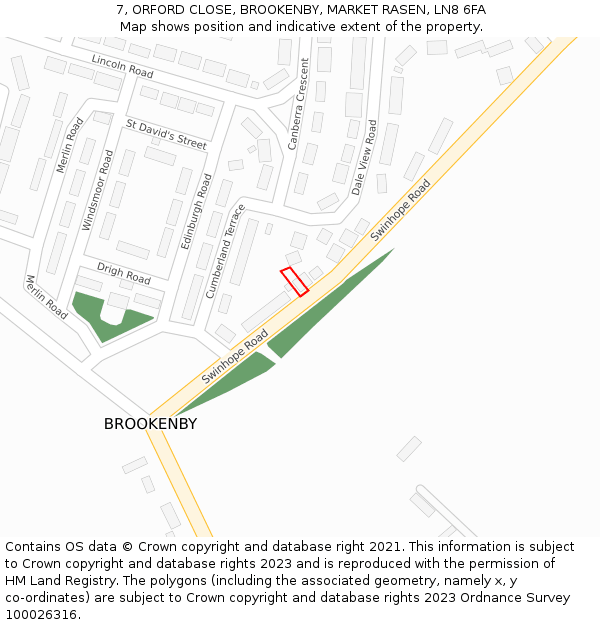 7, ORFORD CLOSE, BROOKENBY, MARKET RASEN, LN8 6FA: Location map and indicative extent of plot