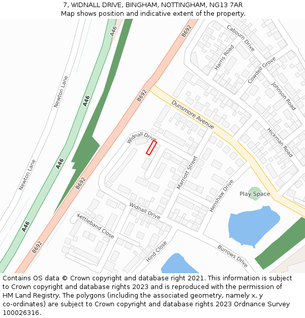 7, WIDNALL DRIVE, BINGHAM, NOTTINGHAM, NG13 7AR: Location map and indicative extent of plot