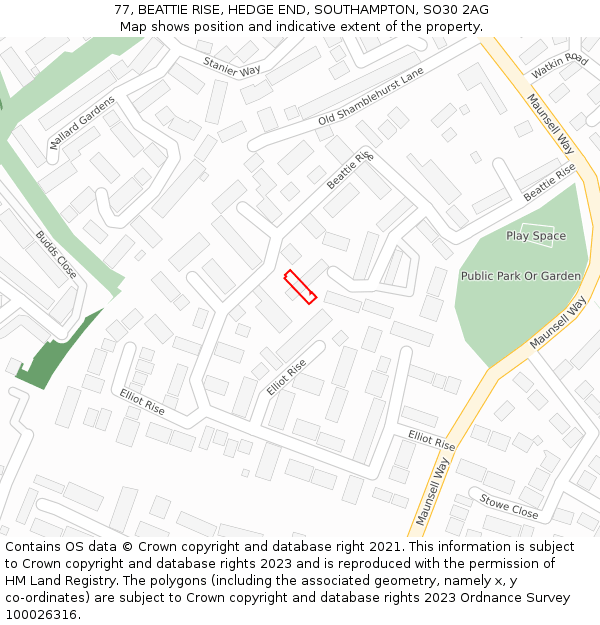 77, BEATTIE RISE, HEDGE END, SOUTHAMPTON, SO30 2AG: Location map and indicative extent of plot