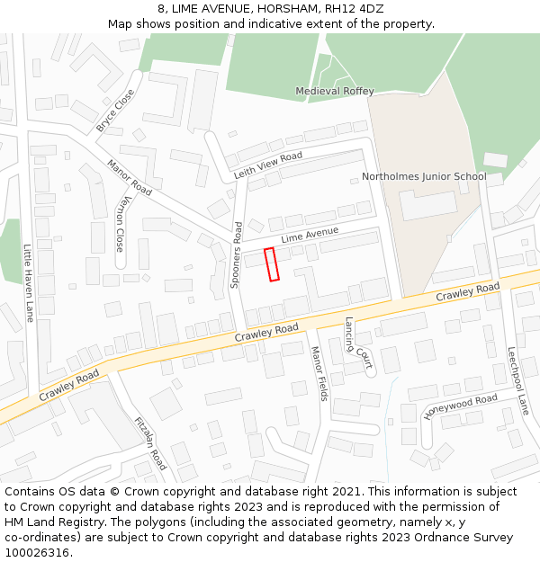 8, LIME AVENUE, HORSHAM, RH12 4DZ: Location map and indicative extent of plot