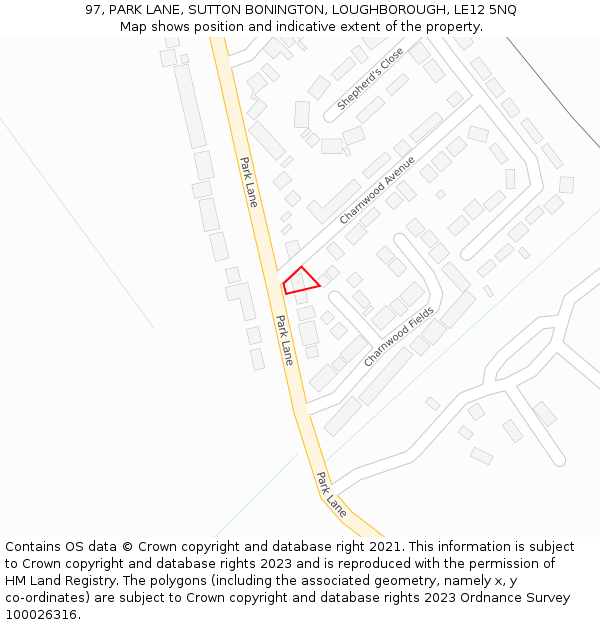 97, PARK LANE, SUTTON BONINGTON, LOUGHBOROUGH, LE12 5NQ: Location map and indicative extent of plot