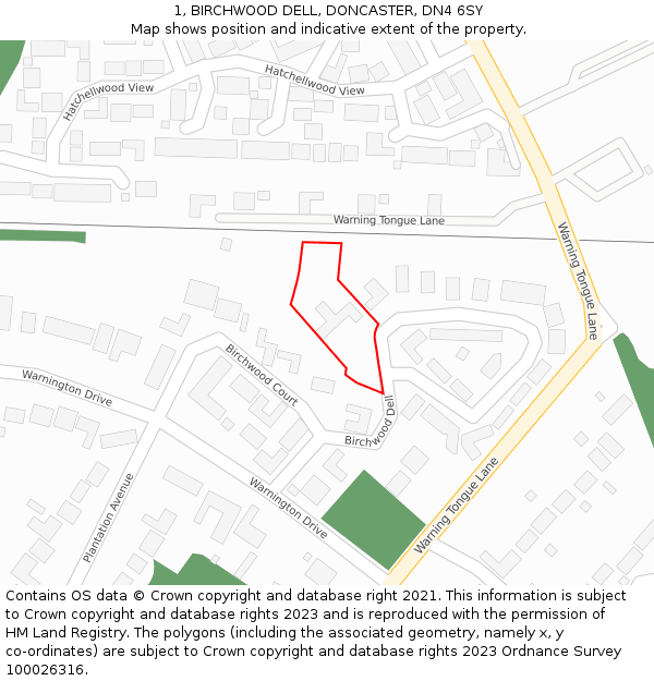 1, BIRCHWOOD DELL, DONCASTER, DN4 6SY: Location map and indicative extent of plot