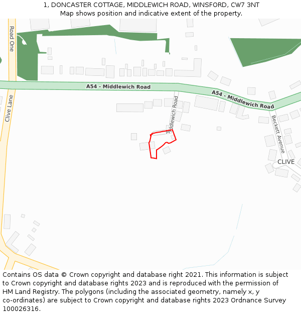 1, DONCASTER COTTAGE, MIDDLEWICH ROAD, WINSFORD, CW7 3NT: Location map and indicative extent of plot