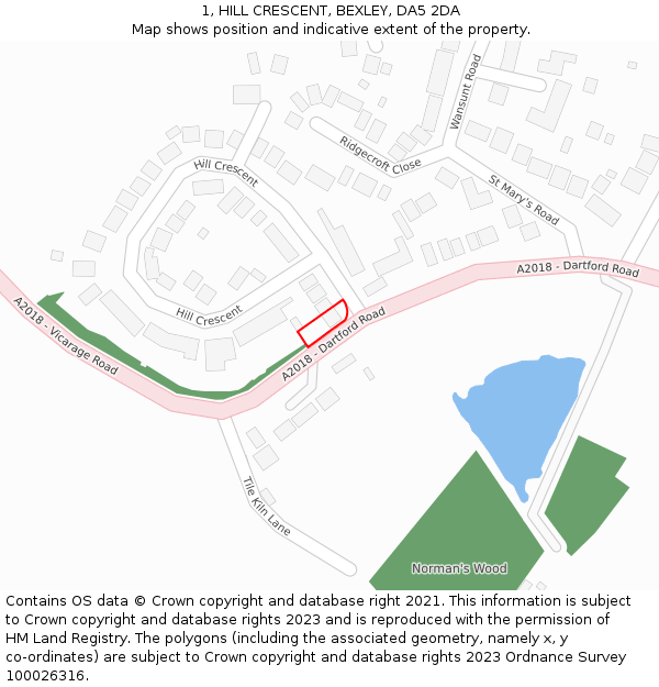 1, HILL CRESCENT, BEXLEY, DA5 2DA: Location map and indicative extent of plot
