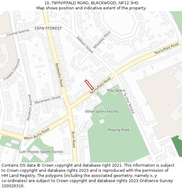 10, TWYNYFFALD ROAD, BLACKWOOD, NP12 3HD: Location map and indicative extent of plot