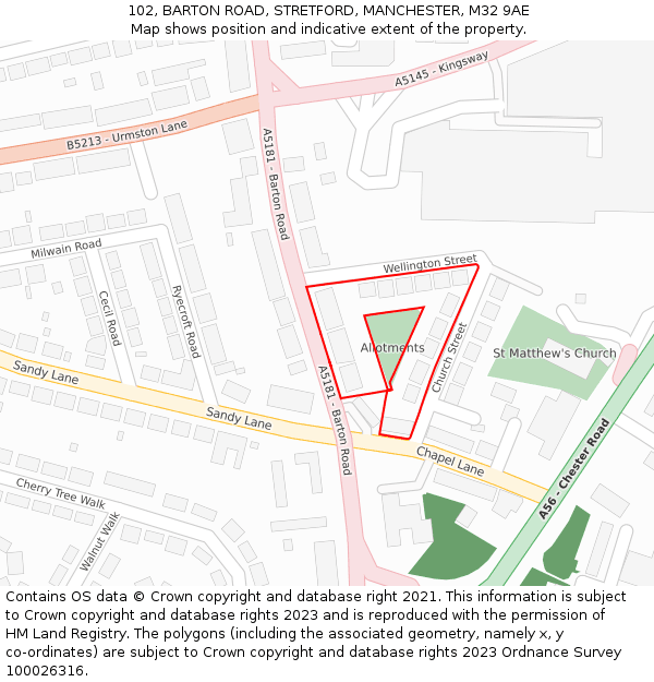 102, BARTON ROAD, STRETFORD, MANCHESTER, M32 9AE: Location map and indicative extent of plot