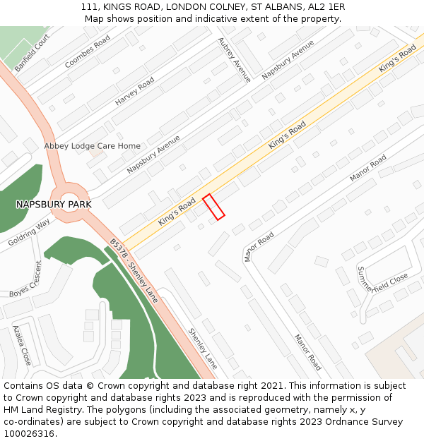 111, KINGS ROAD, LONDON COLNEY, ST ALBANS, AL2 1ER: Location map and indicative extent of plot