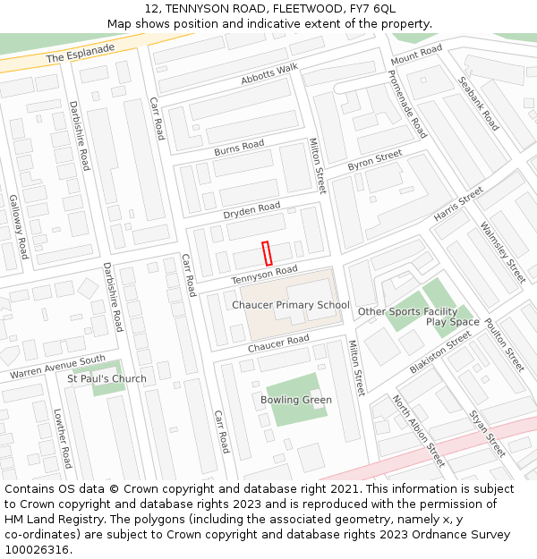 12, TENNYSON ROAD, FLEETWOOD, FY7 6QL: Location map and indicative extent of plot