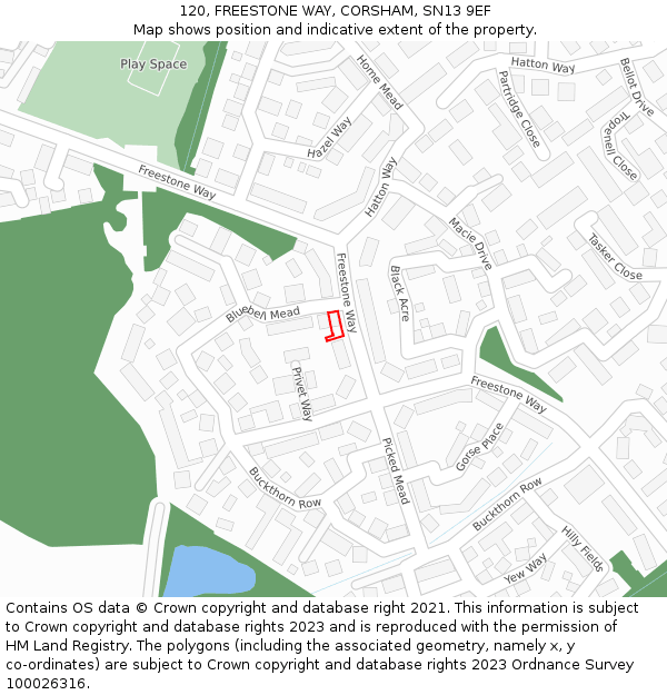 120, FREESTONE WAY, CORSHAM, SN13 9EF: Location map and indicative extent of plot