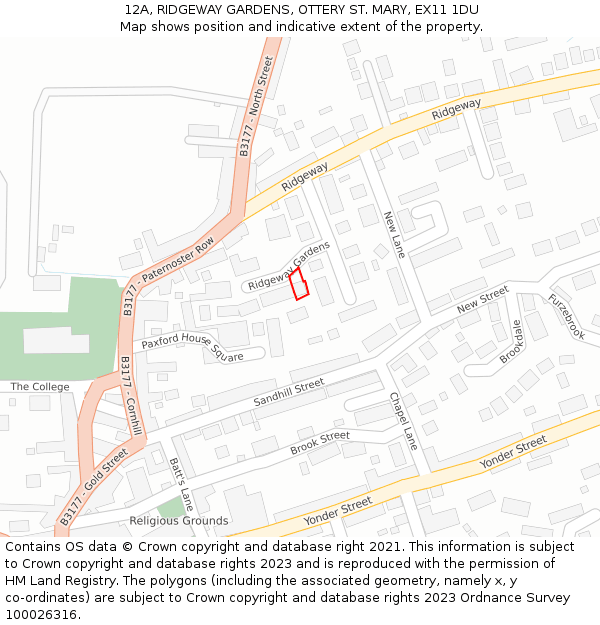 12A, RIDGEWAY GARDENS, OTTERY ST. MARY, EX11 1DU: Location map and indicative extent of plot