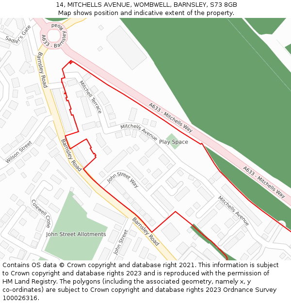 14, MITCHELLS AVENUE, WOMBWELL, BARNSLEY, S73 8GB: Location map and indicative extent of plot