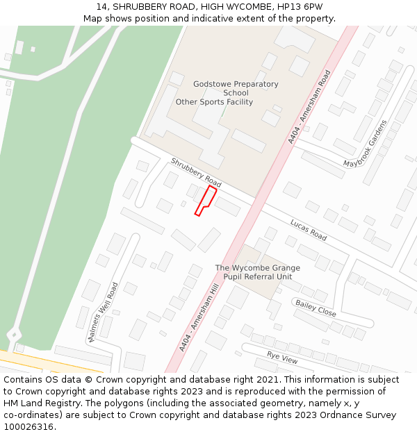 14, SHRUBBERY ROAD, HIGH WYCOMBE, HP13 6PW: Location map and indicative extent of plot