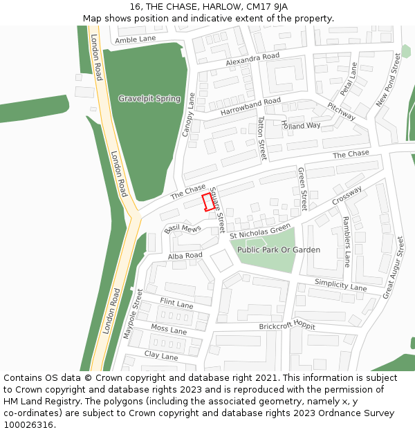 16, THE CHASE, HARLOW, CM17 9JA: Location map and indicative extent of plot