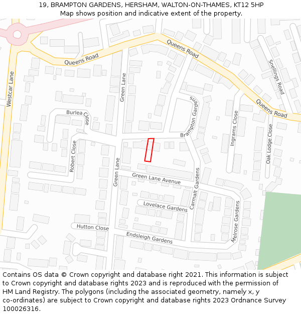 19, BRAMPTON GARDENS, HERSHAM, WALTON-ON-THAMES, KT12 5HP: Location map and indicative extent of plot