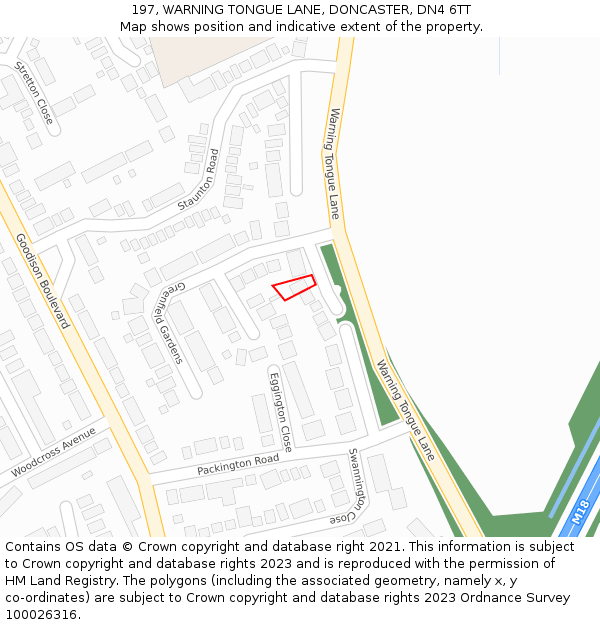 197, WARNING TONGUE LANE, DONCASTER, DN4 6TT: Location map and indicative extent of plot