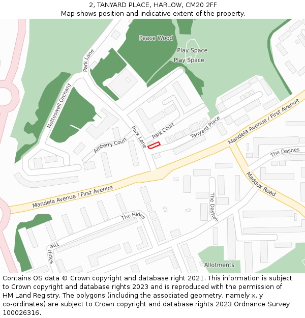 2, TANYARD PLACE, HARLOW, CM20 2FF: Location map and indicative extent of plot