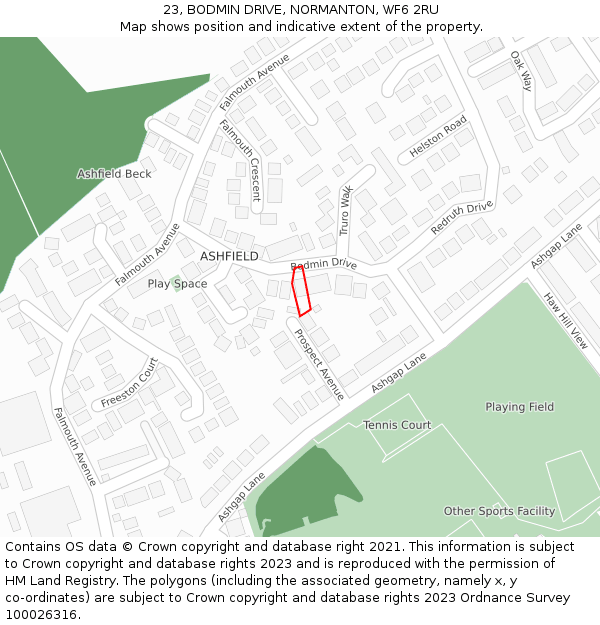 23, BODMIN DRIVE, NORMANTON, WF6 2RU: Location map and indicative extent of plot